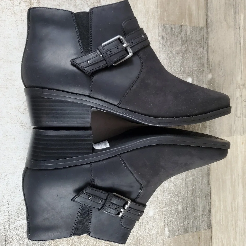 Clarks Danyelle Wish Womens Ankle Boot Sz 9 Black Side Zip Block Heel Square Toe